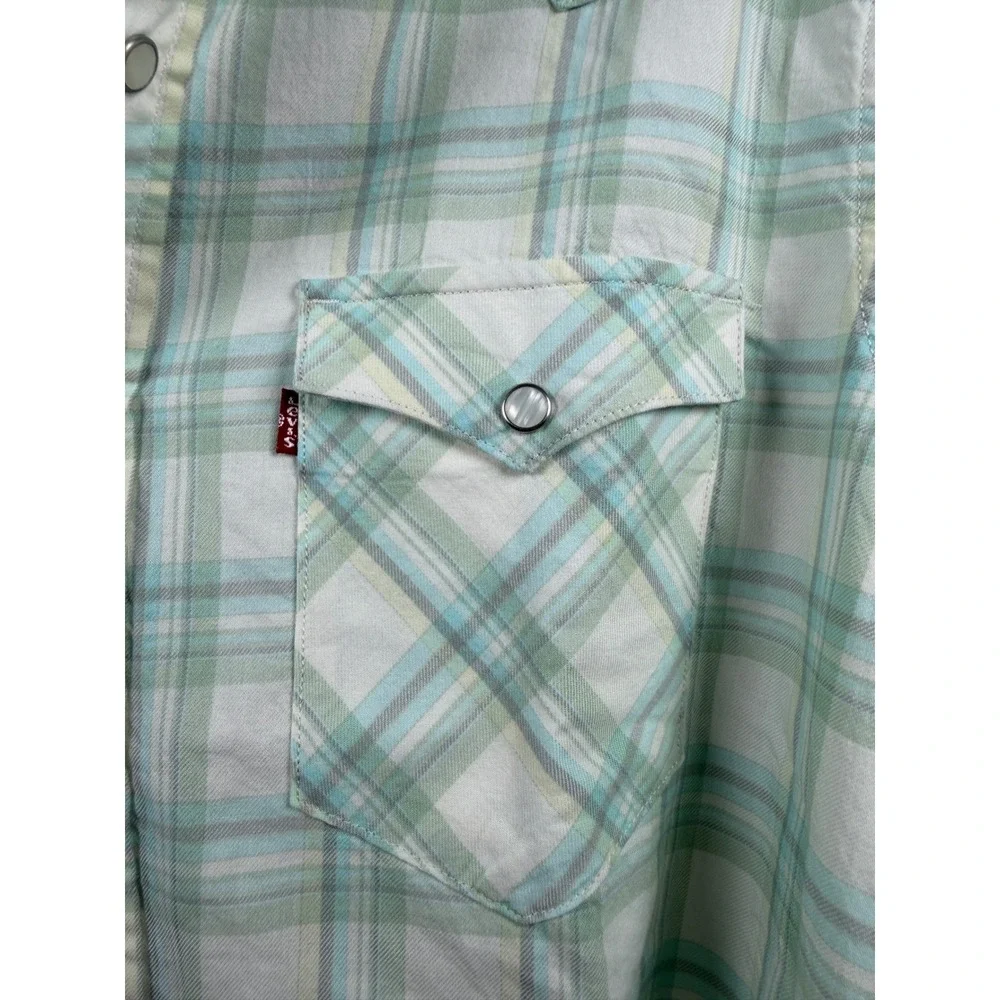 Levis Western Standard Fit Pearl Snap Shirt Mens Medium Green White Plaid NWT